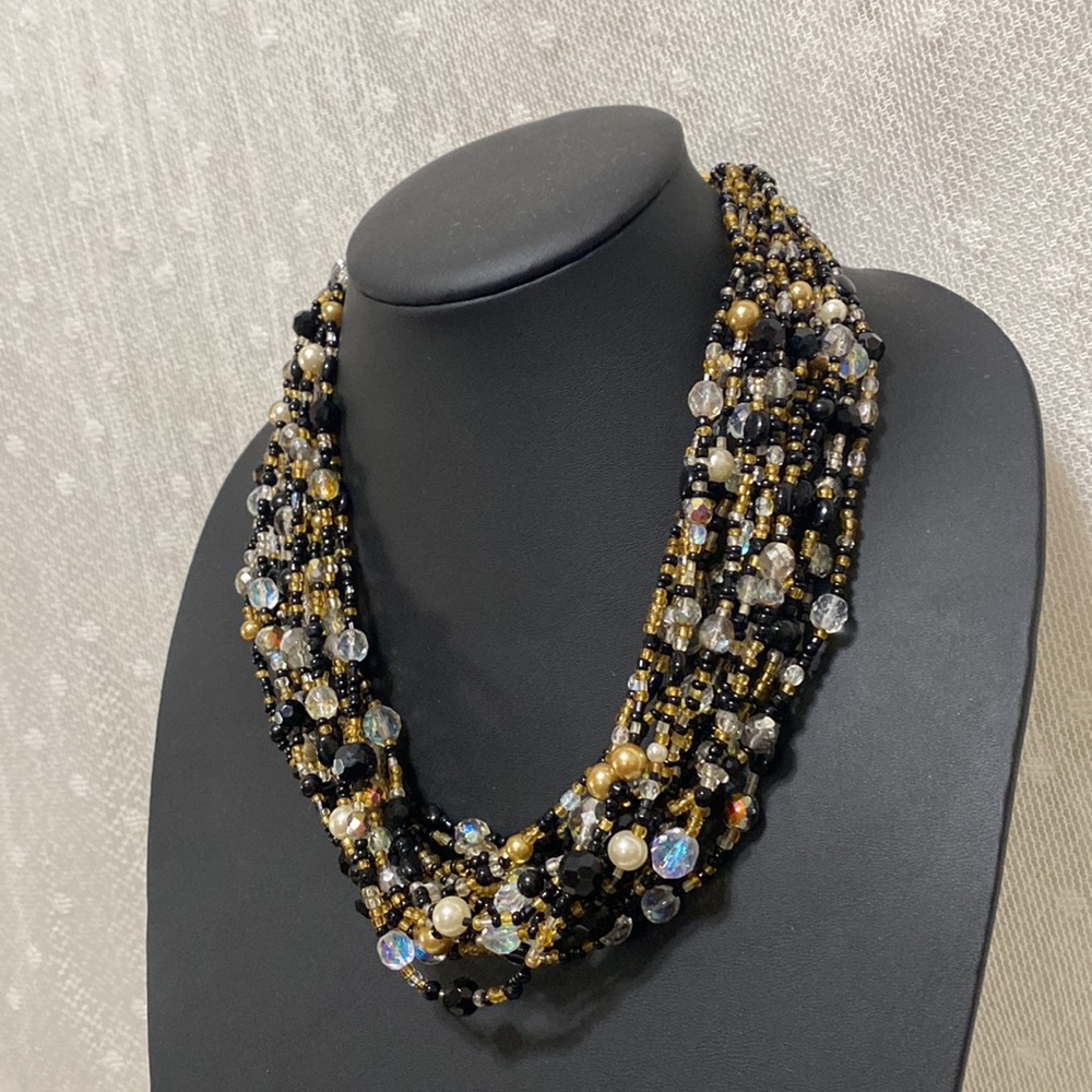 Vintage Joan Rivers Torsade Black & Crystal Beaded Necklace - Picture 4 of 14